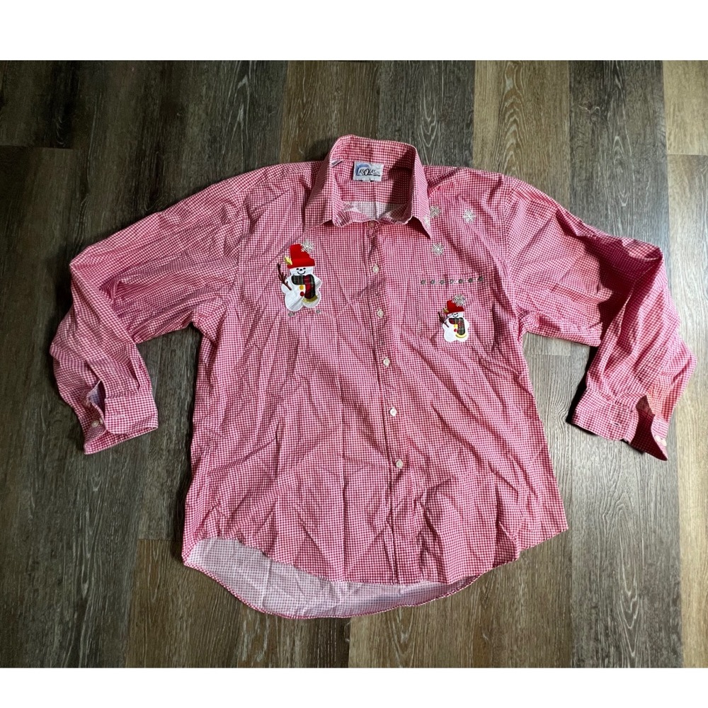 Las Olas Button Down Shirt Womens XL Red Gingham‎ Snowman Holiday Festive Top